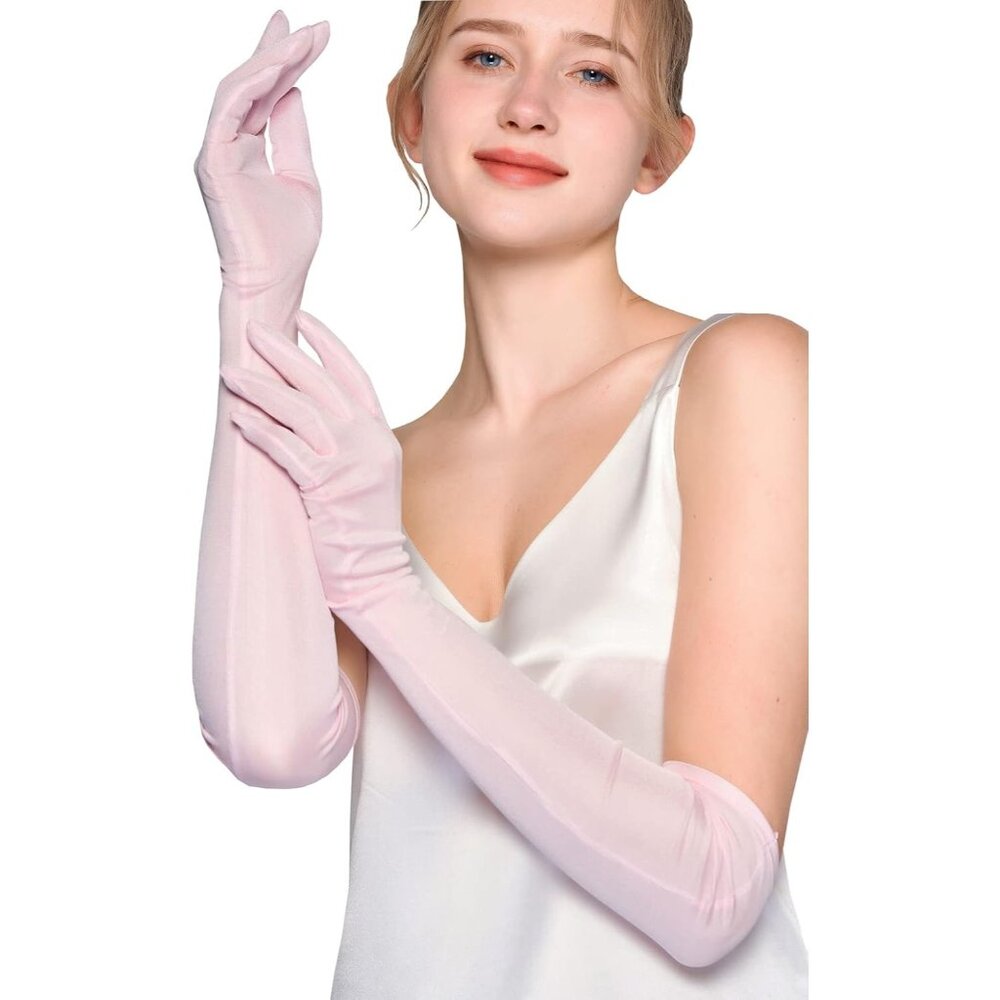 Women's Evening Pink Pure Silk Elbow Length Satin Long Gloves Opera Party Prom